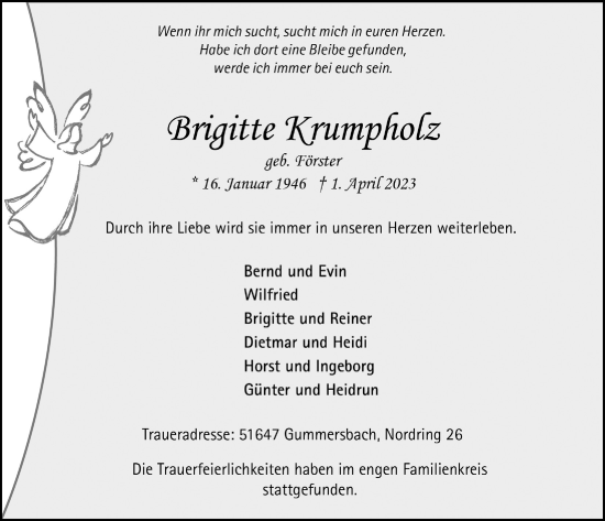 Anzeige von Brigitte Krumpholz von  Anzeigen Echo 