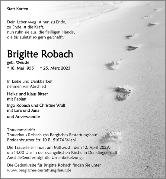 Anzeige von Brigitte Robach von  Lokalanzeiger 