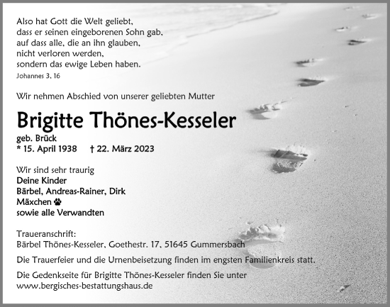 Anzeige von Brigitte Thönes-Kesseler von  Anzeigen Echo 