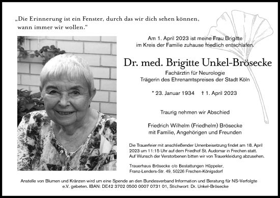 Anzeige von Brigitte Unkel-Brösecke von Kölner Stadt-Anzeiger / Kölnische Rundschau / Express