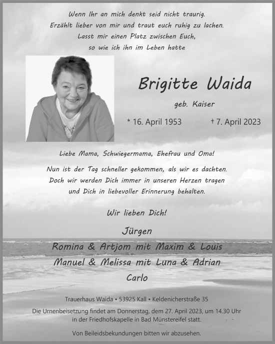 Anzeige von Brigitte Waida von  Blickpunkt Euskirchen 