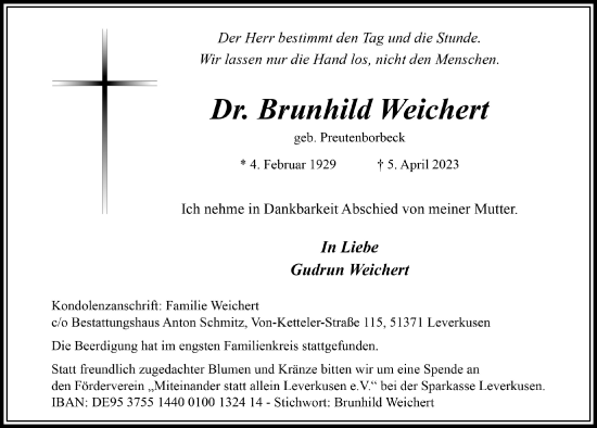 Anzeige von Brunhild Weichert von  Lokale Informationen 