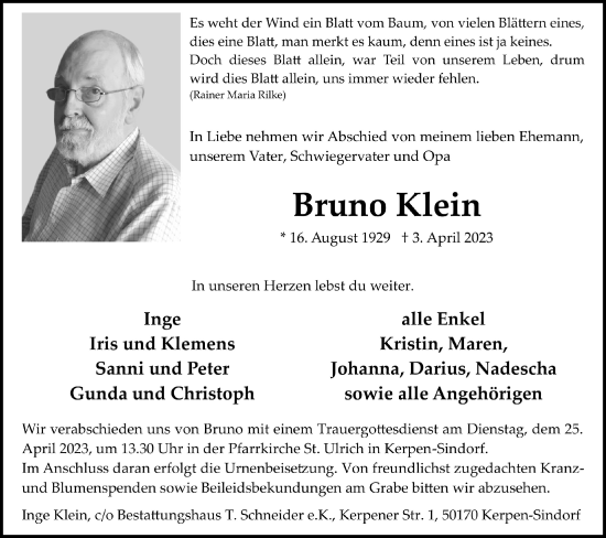 Anzeige von Bruno Klein von  Werbepost 
