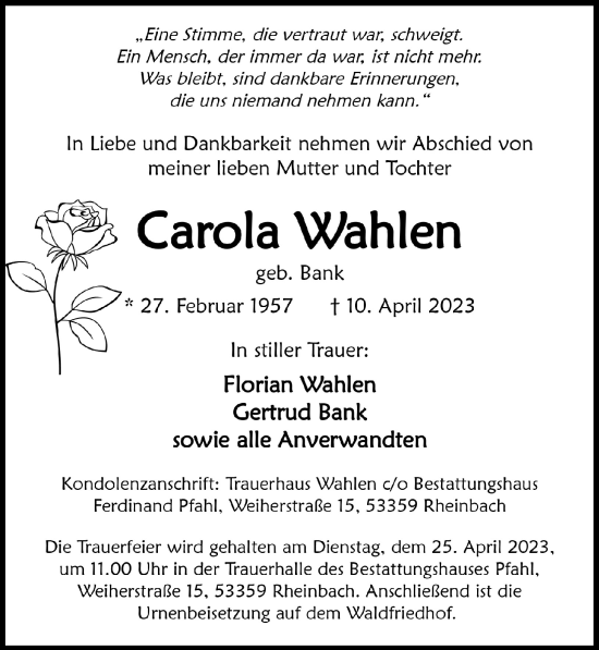 Anzeige von Carola Wahlen von  Schaufenster/Blickpunkt 