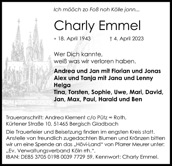 Anzeige von Charly Emmel von Kölner Stadt-Anzeiger / Kölnische Rundschau / Express