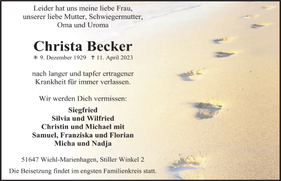 Anzeige von Christa Becker von  Anzeigen Echo 
