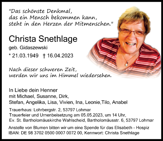 Anzeige von Christa Snethlage von Kölner Stadt-Anzeiger / Kölnische Rundschau / Express