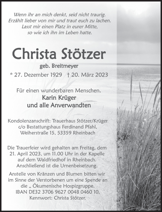 Anzeige von Christa Stötzer von  Schaufenster/Blickpunkt 