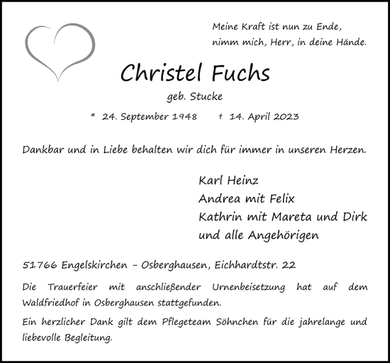 Anzeige von Christel Fuchs von  Anzeigen Echo 