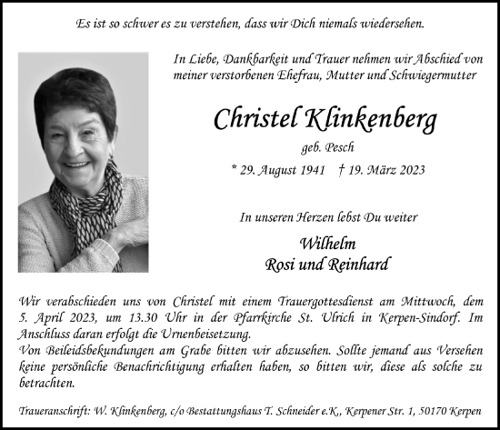 Anzeige von Christel Klinkenberg von  Werbepost 