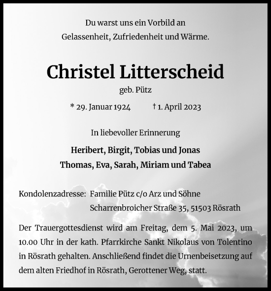 Anzeige von Christel Litterscheid von Kölner Stadt-Anzeiger / Kölnische Rundschau / Express