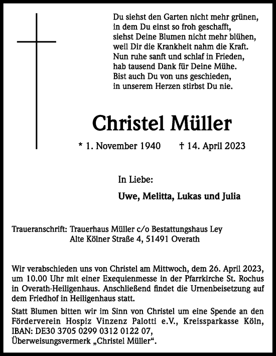 Anzeige von Christel Müller von Kölner Stadt-Anzeiger / Kölnische Rundschau / Express