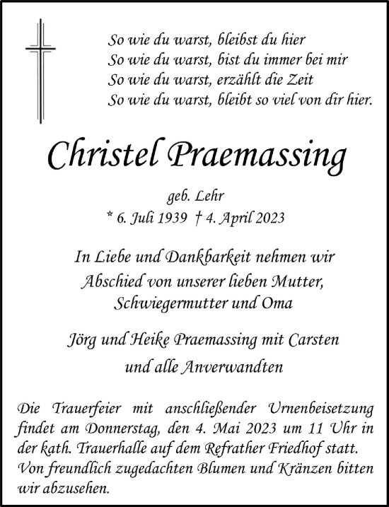 Anzeige von Christel Praemassing von  Bergisches Handelsblatt 