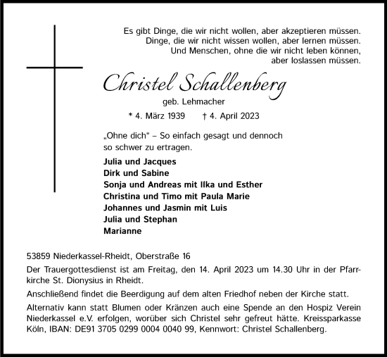 Anzeige von Christel Schallenberg von Kölner Stadt-Anzeiger / Kölnische Rundschau / Express