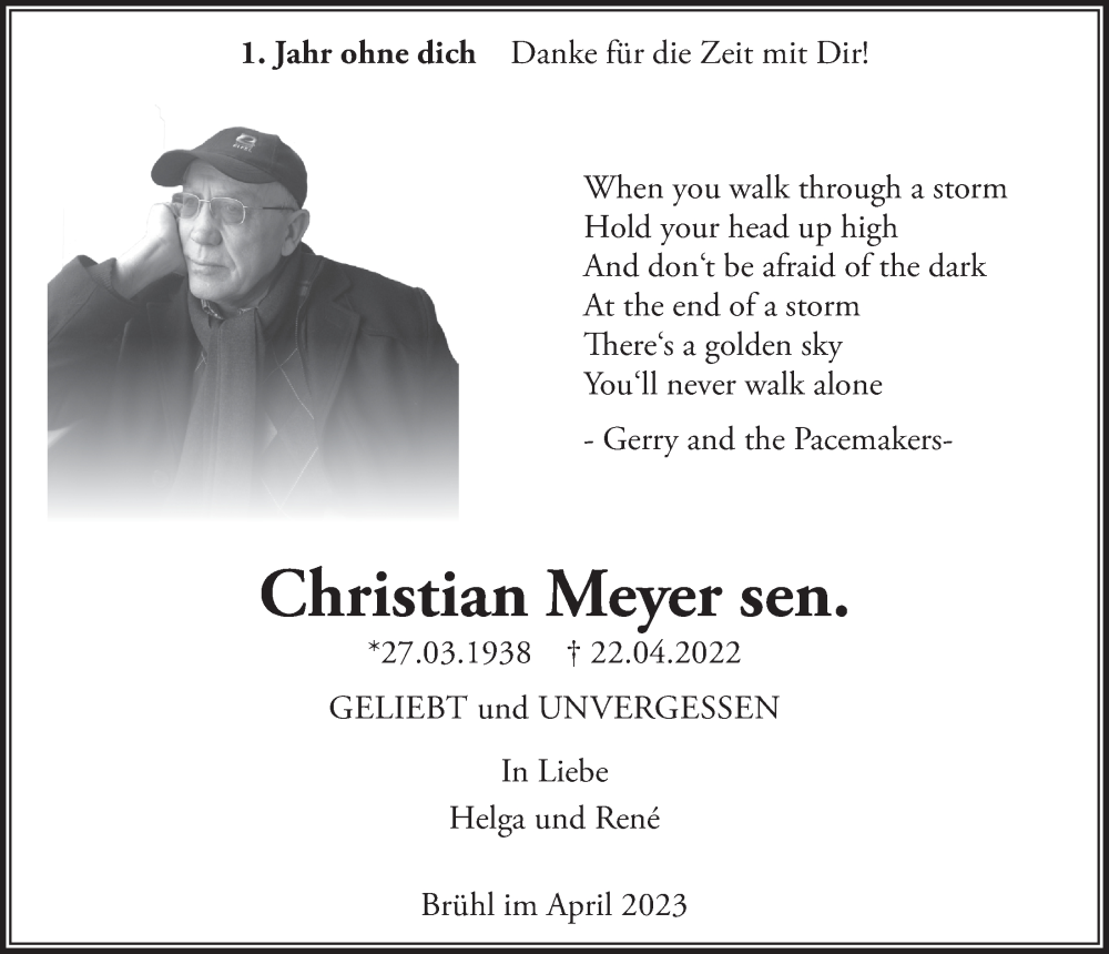  Traueranzeige für Christian Meyer vom 18.07.2023 aus  Schlossbote/Werbekurier 