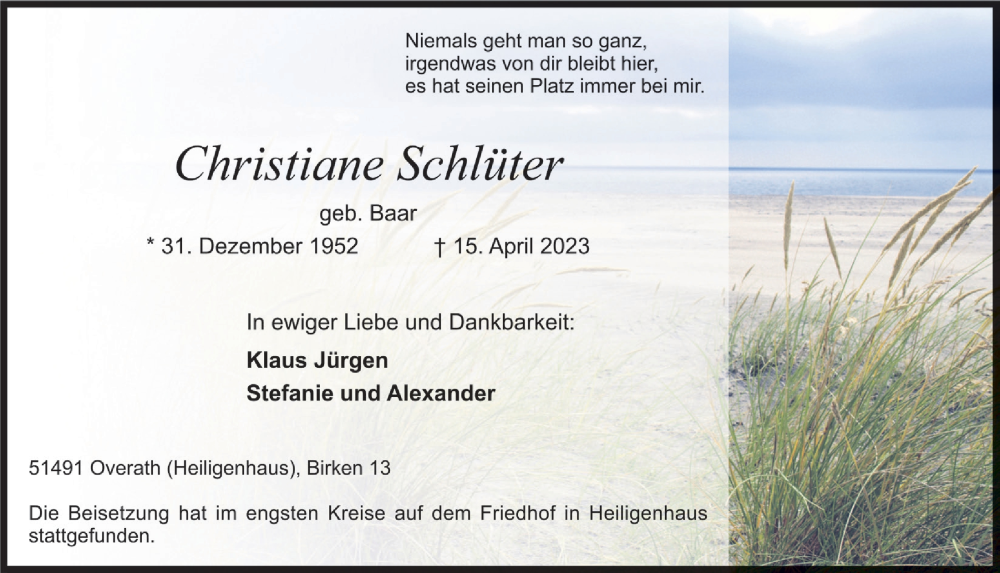  Traueranzeige für Christiane Schlüter vom 28.04.2023 aus  Bergisches Handelsblatt 