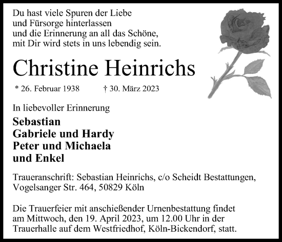 Anzeige von Christine Heinrichs von Kölner Stadt-Anzeiger / Kölnische Rundschau / Express