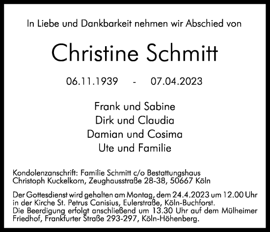 Anzeige von Christine Schmitt von Kölner Stadt-Anzeiger / Kölnische Rundschau / Express