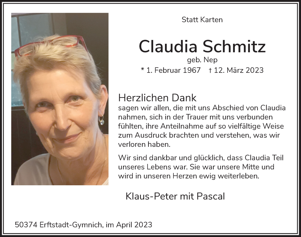  Traueranzeige für Claudia Schmitz vom 21.04.2023 aus  Werbepost 