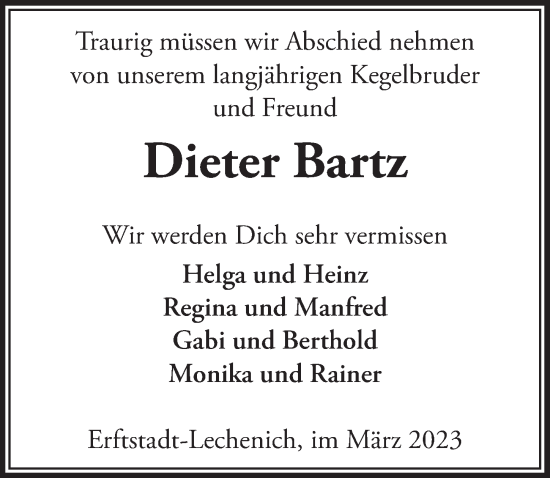 Anzeige von Dieter Bartz von  Werbepost 