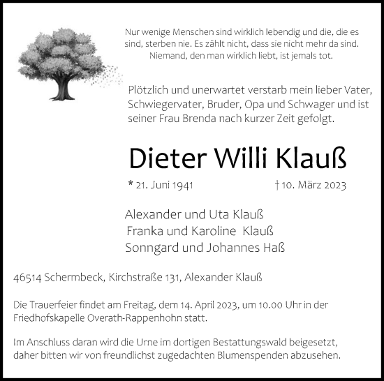 Anzeige von Dieter Willi Klauß von Kölner Stadt-Anzeiger / Kölnische Rundschau / Express