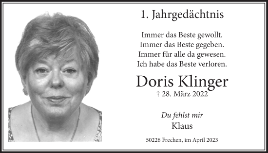 Anzeige von Doris Klinger von  Wochenende 