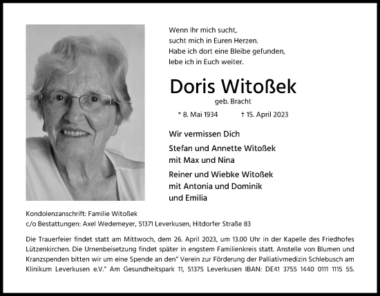 Anzeige von Doris Witoßek von Kölner Stadt-Anzeiger / Kölnische Rundschau / Express