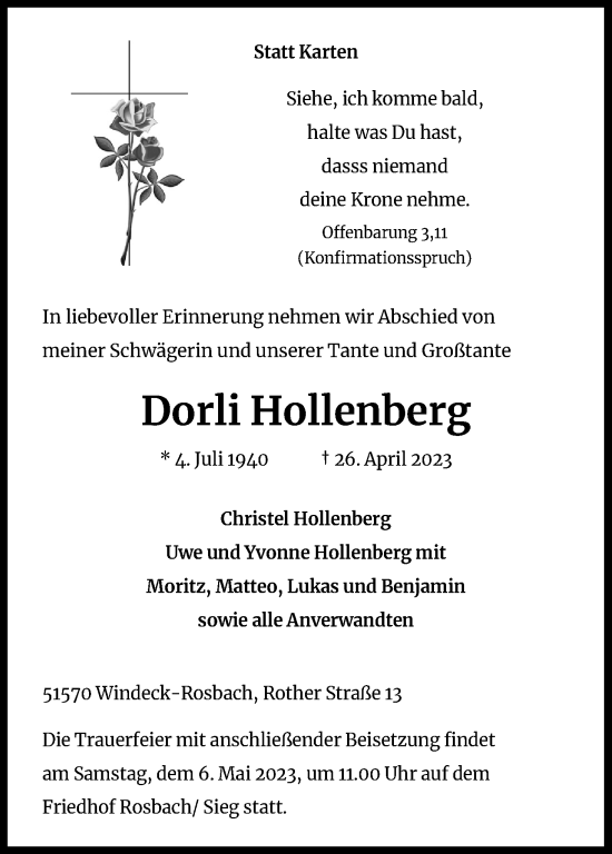 Anzeige von Dorli Hollenberg von Kölner Stadt-Anzeiger / Kölnische Rundschau / Express