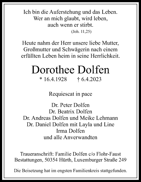 Anzeige von Dorothee Dolfen von Kölner Stadt-Anzeiger / Kölnische Rundschau / Express