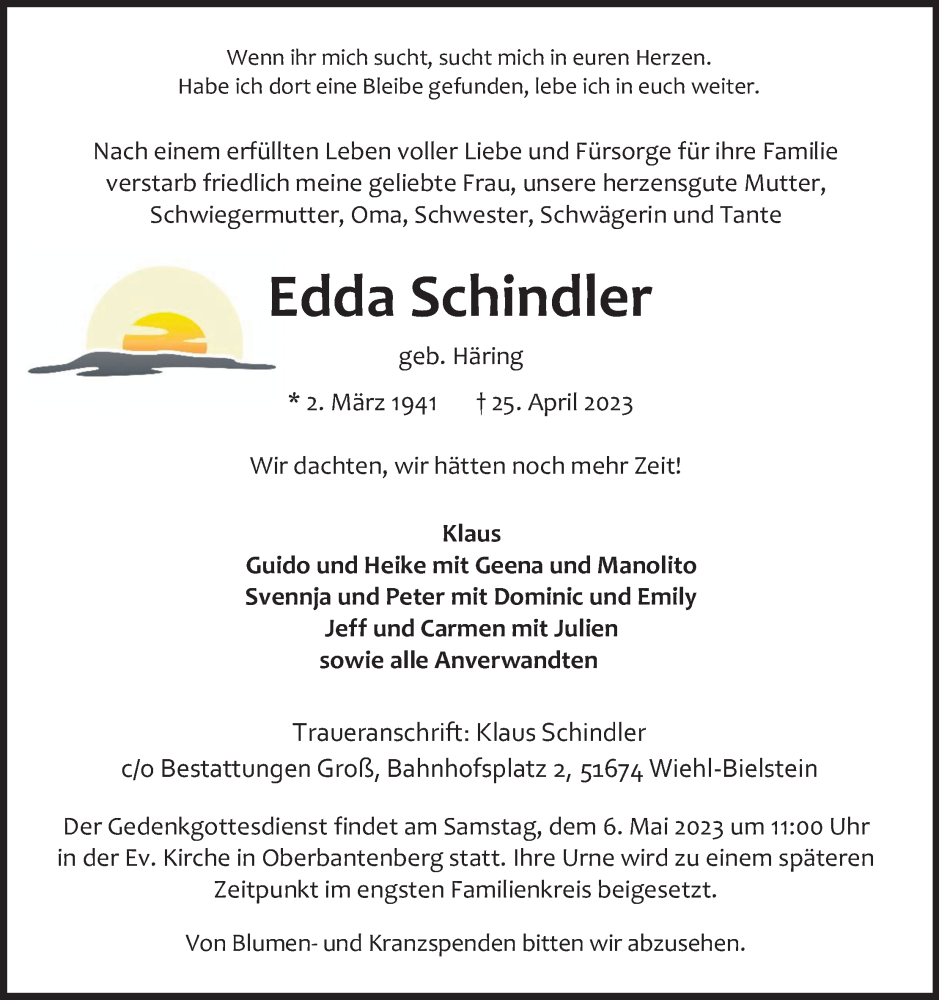  Traueranzeige für Edda Schindler vom 29.04.2023 aus Kölner Stadt-Anzeiger / Kölnische Rundschau / Express