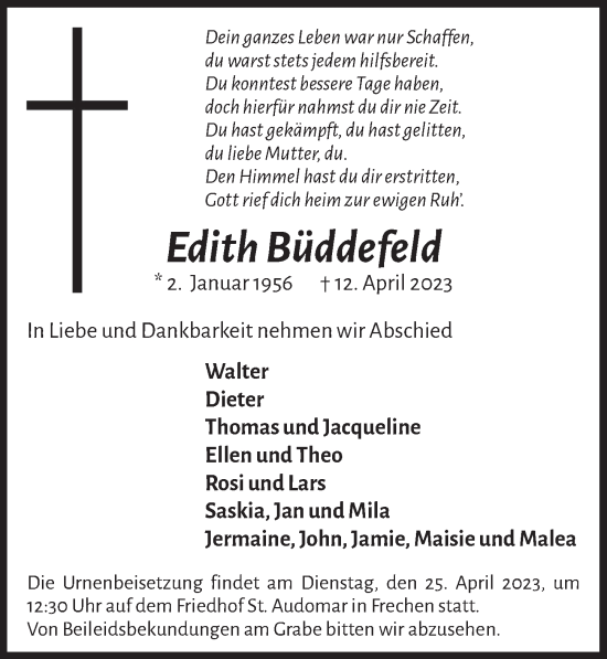 Anzeige von Edith Büddefeld von  Wochenende 