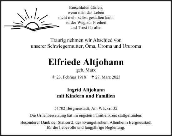 Anzeige von Elfriede Altjohann von  Anzeigen Echo 