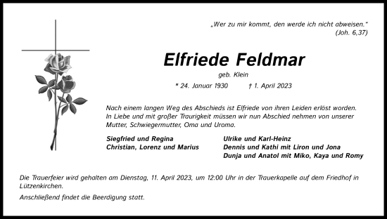 Anzeige von Elfriede Feldmar von Kölner Stadt-Anzeiger / Kölnische Rundschau / Express