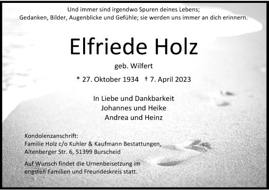 Anzeige von Elfriede Holz von Kölner Stadt-Anzeiger / Kölnische Rundschau / Express