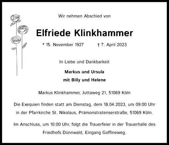 Anzeige von Elfriede Klinkhammer von Kölner Stadt-Anzeiger / Kölnische Rundschau / Express
