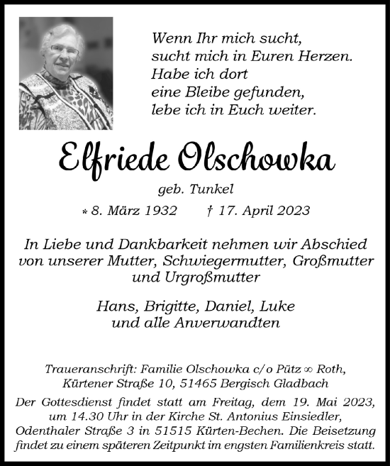 Anzeige von Elfriede Olschowka von  Bergisches Handelsblatt 