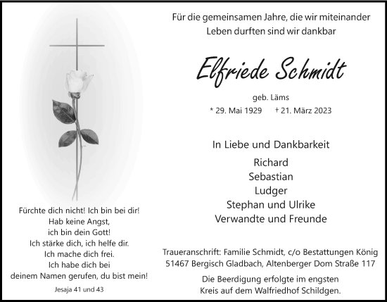 Anzeige von Elfriede Schmidt von Kölner Stadt-Anzeiger / Kölnische Rundschau / Express