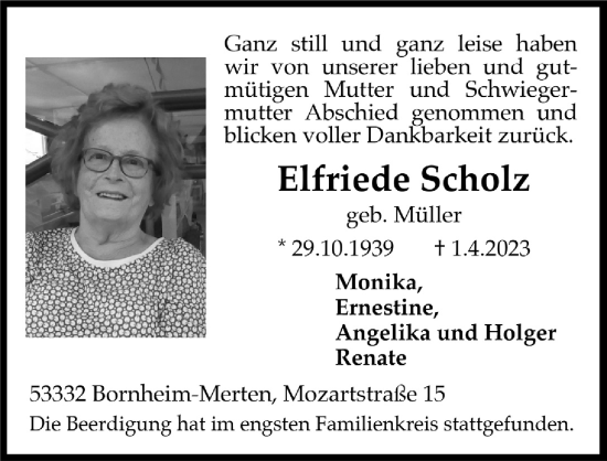 Anzeige von Elfriede Scholz von  Schlossbote/Werbekurier 