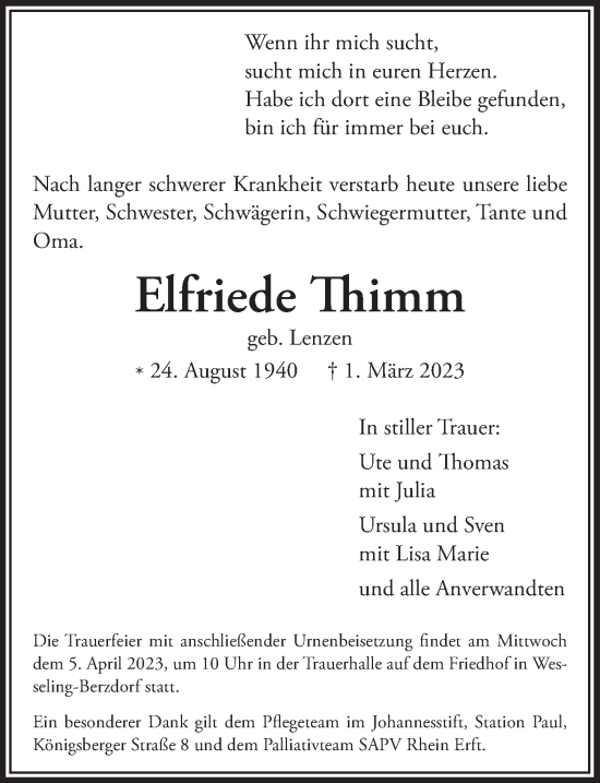 Anzeige von Elfriede Thimm von  Schlossbote/Werbekurier 