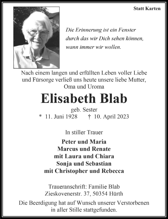 Anzeige von Elisabeth Blab von  Wochenende 