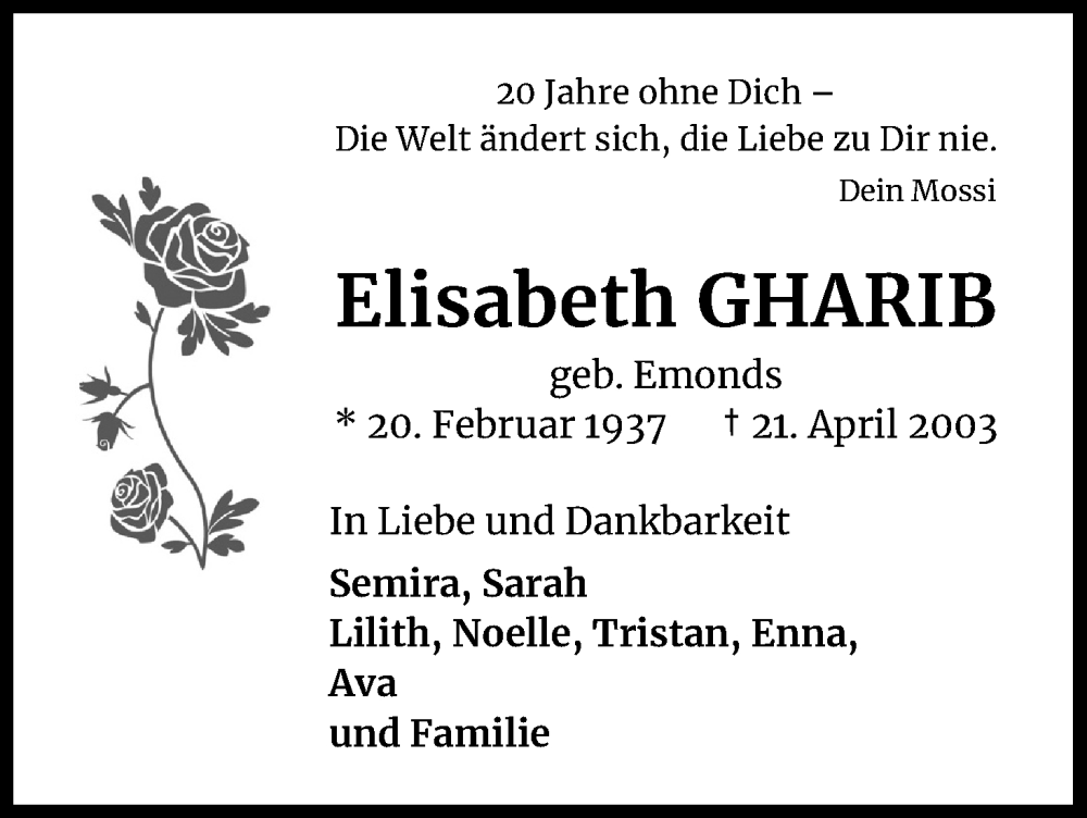  Traueranzeige für Elisabeth Gharib vom 18.07.2023 aus Kölner Stadt-Anzeiger / Kölnische Rundschau / Express