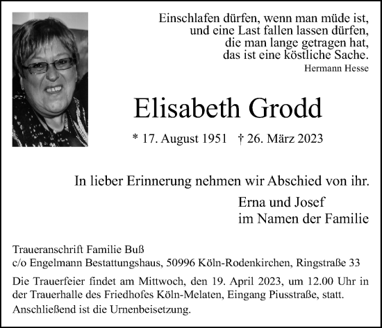 Anzeige von Elisabeth Grodd von Kölner Stadt-Anzeiger / Kölnische Rundschau / Express