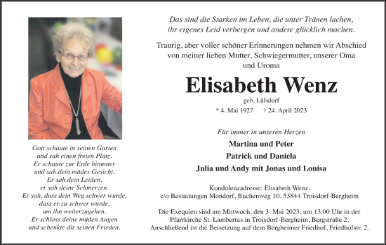 Anzeige von Elisabeth Wenz von Kölner Stadt-Anzeiger / Kölnische Rundschau / Express