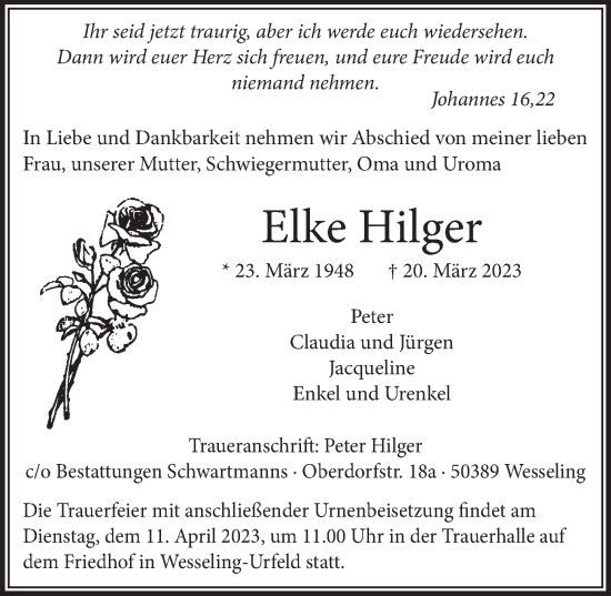 Anzeige von Elke Hilger von  Schlossbote/Werbekurier 