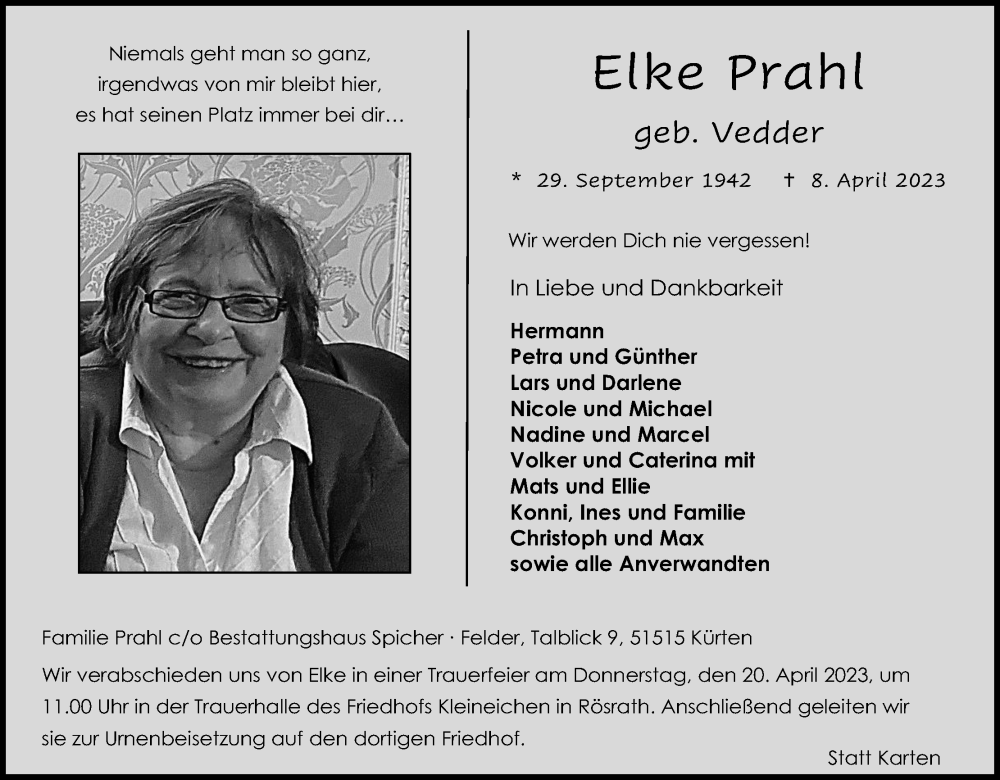  Traueranzeige für Elke Prahl vom 15.04.2023 aus Kölner Stadt-Anzeiger / Kölnische Rundschau / Express