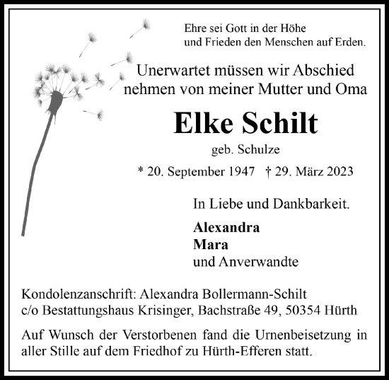 Anzeige von Elke Schilt von  Wochenende 