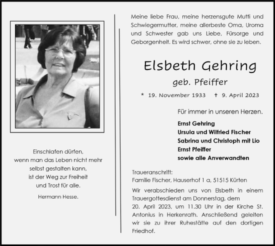 Anzeige von Elsbeth Gehring von  Bergisches Handelsblatt 