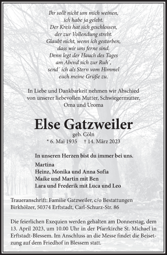 Anzeige von Else Gatzweiler von  Werbepost 