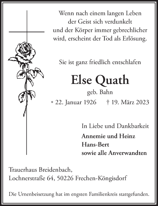 Anzeige von Else Quath von  Wochenende 