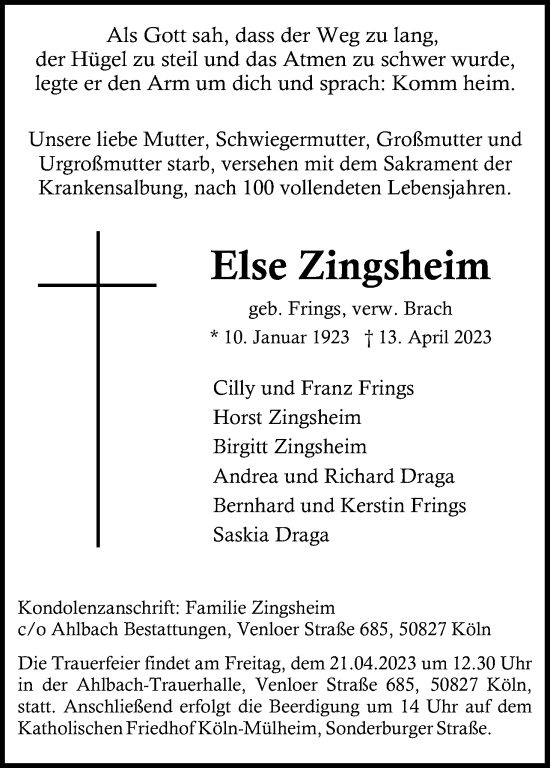 Anzeige von Else Zingsheim von Kölner Stadt-Anzeiger / Kölnische Rundschau / Express
